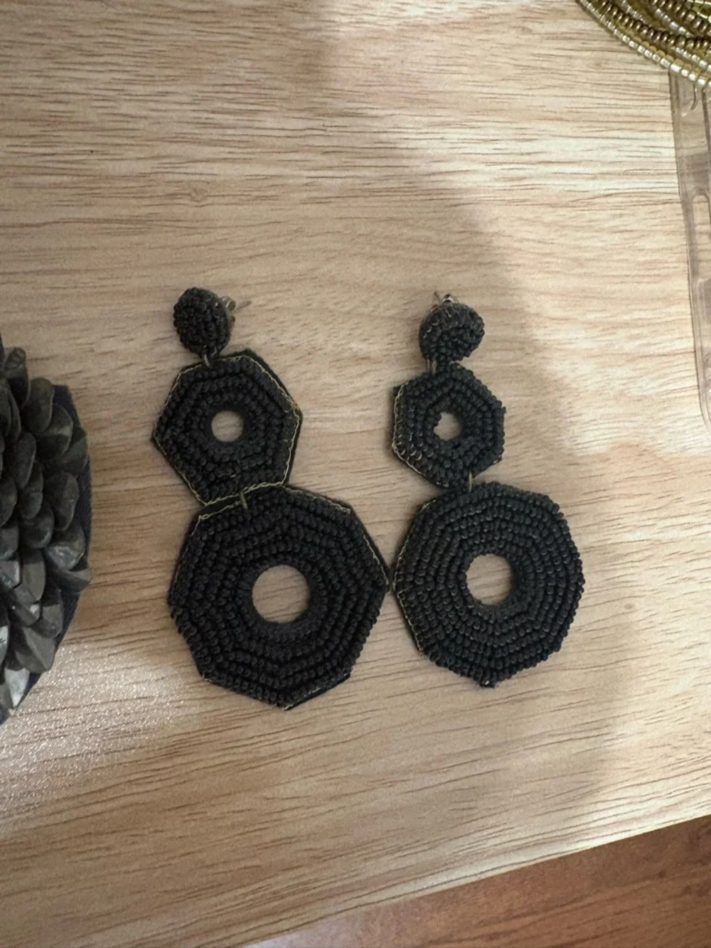 Black Beaded Hexagon Drop Earrings & Silver Butterfly Applique Set